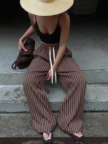 DAZY Women's New Loose Drawstring Striped Wide Leg Casual Pants Cute Tops - Coffee Brown - View 4