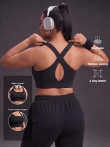 Powerista Women's Plus Size Solid Color Zipper Front Halter Neck Sports Bra  Gym Running Fitness Workout Going Out Autumn High-Support Adjustable - Black - View 2