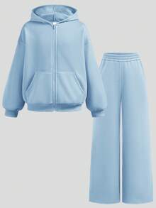 SHEIN 兒童青少年女孩嬰兒藍刺繡休閒運動長袖寬鬆衛衣套裝 2件組，適合秋冬機場度假 - 藍色 - 查看 12