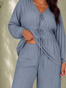 ELLERISSA Plus Size Dusty Blue Textured Tie Front Blouson Sleeve Top & Wide Leg Pants Co-Ord Set - Dusty Blue - View 6