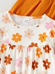 SHEIN Vintaside Kids 2套女嬰春秋套裝，純色與滿版印花圓領長袖荷葉肩設計搭配長褲，花卉滿版印花圓領長袖荷葉肩設計搭配長褲，4件套，舒適休閒可愛風 - 橘色 - 查看 4