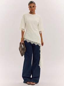 SHEIN BAE Women's Lace Patchwork Casual Versatile Daily Wear Top - Apricot - View 3