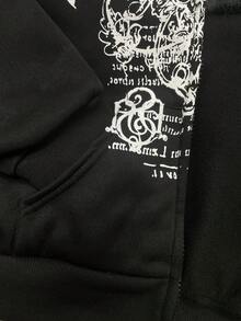 IslaSuriya Women's Regular Letter & Wing Print Zipper Front Hooded Sweatshirt With Fur Collar - Black - View 3