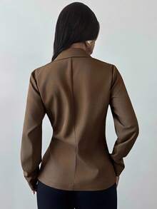 Firerie Women's Metal Decoration Coffee Brown Imitation Linen Waist Suit Jacket Business Office Fall Casual Elegant - Coffee Brown - View 2