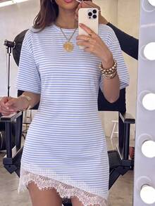 SHEIN EZwear 女款條紋蕾絲拼接不對稱下擺修身洋裝 - 彩色 - 查看 7