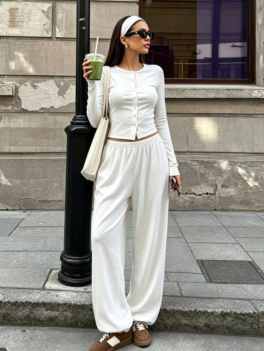 Cévolie Women's Solid Color Long Sleeve Top And Pants Casual Daily 2 Pieces Set - White - View 1