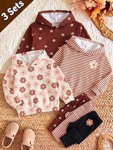 SHEIN 3套女童幼兒休閒可愛花卉與條紋圖案印花連帽衫+內搭褲，適合秋冬日常穿著與戶外活動 - 彩色 - 查看 3