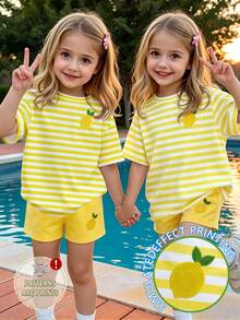 SHEIN Elladie kids 春夏女生休闲时尚创意个性清新可爱简约柠檬黄白条纹印花夏日度假风基础款短袖T恤短裤套装，舒适日常穿着，适合春夏女生穿搭 - 彩色 - 查看 3