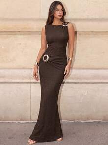 Firerie Metallic Decorative Brown Textured Sleeveless Stretch Dress Elegant Casual Formal Party Going Out Office Vacation Festival - Brown - View 6