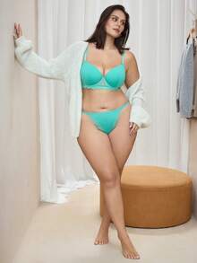 Bralution Conjunto de lencería sexy para uso diario para mujer talla grande con sujetador de tirantes ajustables con ribete de encaje y braguita triangular - verde menta - Ver 7