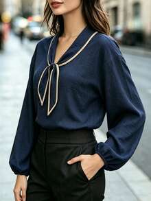 SHEIN Women Contrast Piping Tie Neck Blouse, Long Sleeve Elastic Cuff Loose Fit Shirt, Navy Blue Lightweight Casual Elegant Daily Office Ladies Top - Navy Blue - View 6