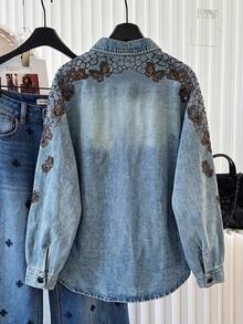 Resyla Kemeja Denim Bordir Kupu-kupu Imitasi Elegan untuk Wanita Musim Semi/Gugur, Serbaguna, Melangsingkan, dan Berkerah Longgar - Biru - View 2