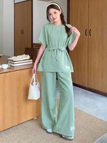 SHEIN Teen Girls 2pcs Set:Loose Raglan Sleeve Tie-Waist Letter Print Shirt + Wide Leg Pants,Summer,Casual,Family Matching For Spring Vacation Daily Wear - Mint Green - View 6