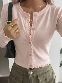FRIFUL Women's Solid Pink Ruffle Trim Loose Casual Versatile Cardigan - Beige - View 5