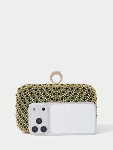 SHECARRY 女士時尚優雅奢華綠色金屬水鑽手拿包 晚宴包 派對夜店生日派對婚禮約會宴會 - 軍綠色 - 查看 5