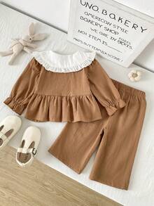 SHEIN Playful Pals 女嬰甜美娃娃刺繡領前扣蝴蝶結寬鬆下擺鬆緊腰直筒長褲長袖套裝 秋季 - 棕色 - 查看 2