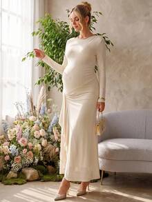 Loomaby Maternity Solid Color Round Neck Long Sleeve Ruffle Hem Split Hem Dress Dress Gender Reveal Dress Maternity Dress Baby Shower Dress Fall - Khaki - View 6