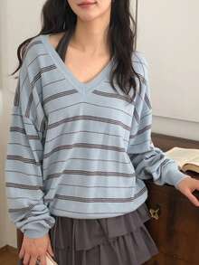 DAZY Sweater Rajut Wanita Lengan Panjang Longgar Berkerah V Motif Garis-Garis Blok Warna, Kasual untuk Liburan Musim Semi/Gugur - Biru - View 7