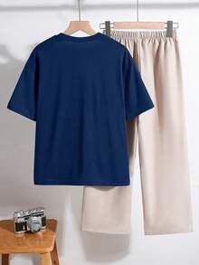 SHEIN 青少年男孩字母印花短袖上衣與長褲休閒日常2件套 - 彩色 - 查看 2