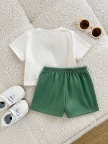 Newborn Baby Cute Knitted Cartoon Pattern Short Sleeve T-Shirt & Shorts Set - Apricot - View 2