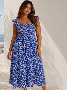 ELLERISSA Plus Size Royal Blue Floral Print Square Neck Shirred Bodice Ruffle Strap Midi Dress - Royal Blue - View 3