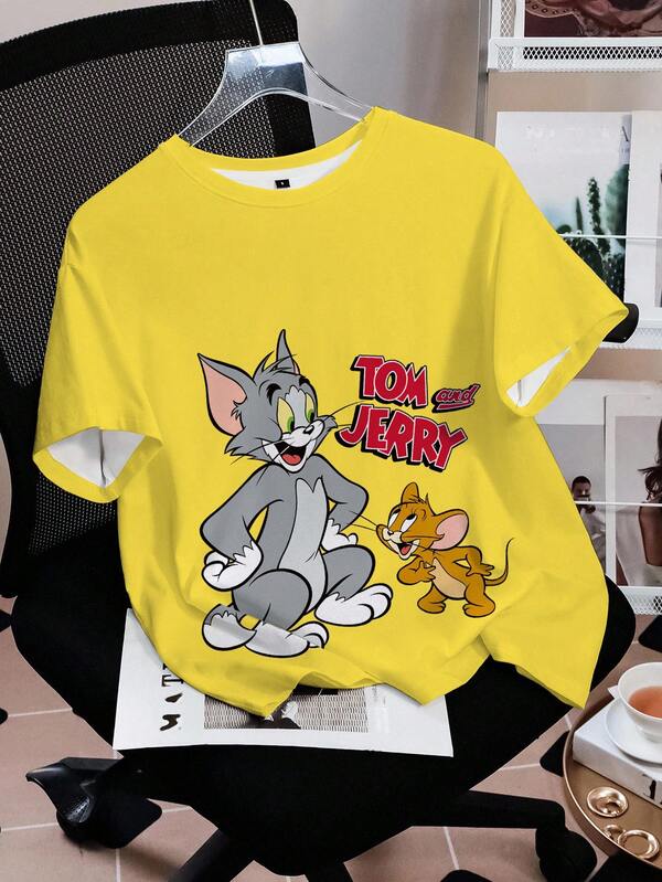 TOM & JERRY X SHEIN Női betűs rajzfilm mintás hétköznapi rövid ujjú póló