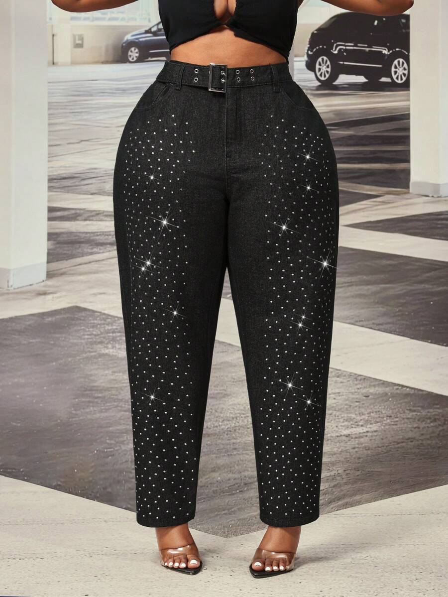 Slaydiva Celana Jeans Hitam Non-Stretch Berhiaskan Rhinestone untuk Wanita Ukuran Plus (Model Cowgirl)