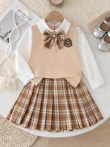 SHEIN Elladie kids 少女棕色格紋 2 合 1 英式學院風百褶裙套裝，翻領長袖內搭上衣 + 白色背心一體式設計，蝴蝶結，秋季 - 卡其色 - 查看 7