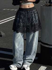 FRIFUL Women's Fashion Casual Daily Sheer Mesh Embroidered Skirt School - Black - View 5
