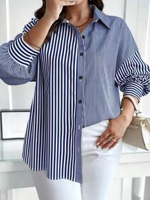 Calvaya Plus Size Casual Commuter Striped Patchwork Shirt - Multicolor - View 1