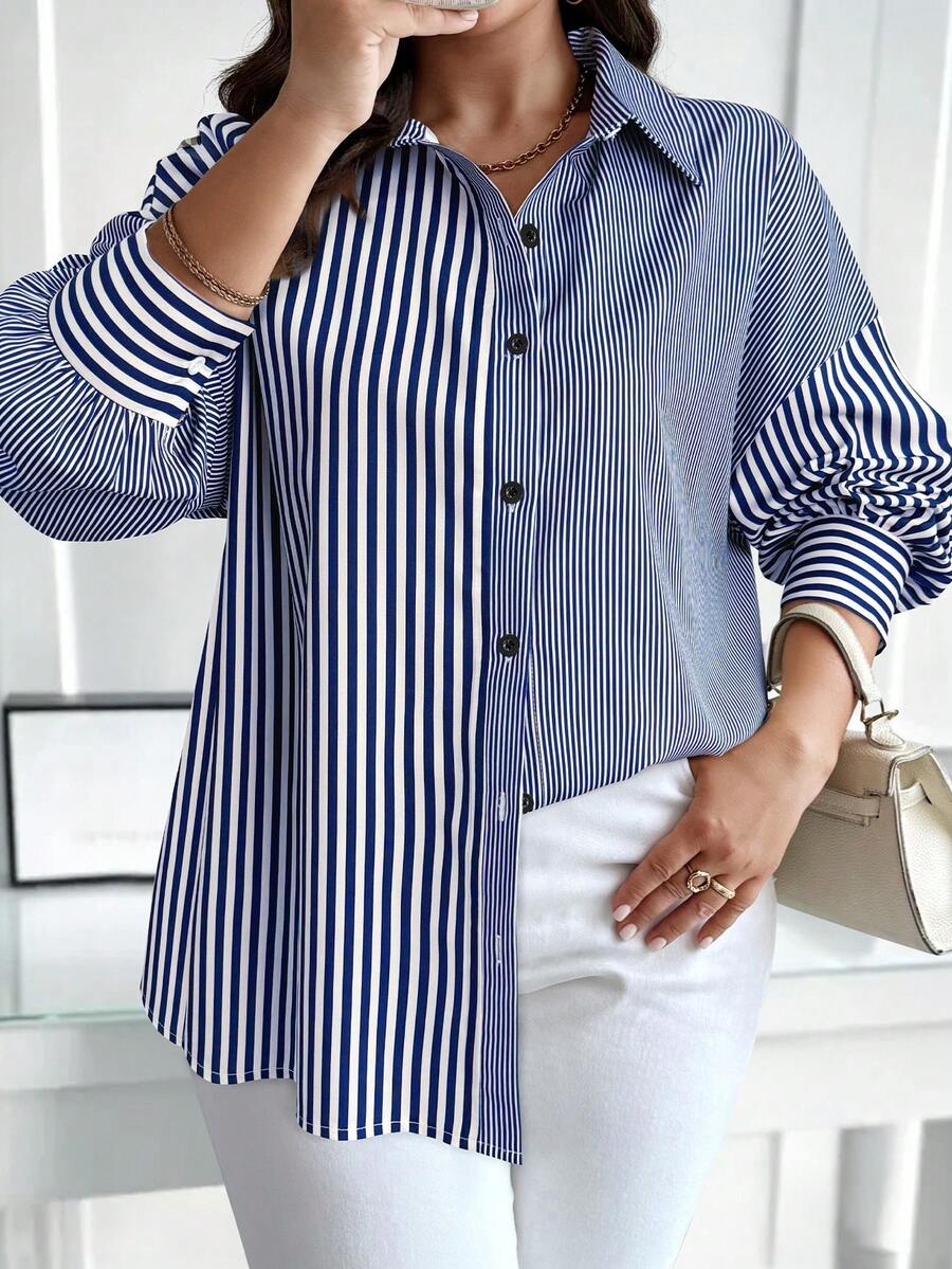 Calvaya Plus Size Casual Commuter Striped Patchwork Shirt - Multicolor - View 1