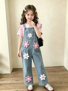 Elladie kids 新款4-7岁女童春夏圆领短袖T恤和牛仔背带裤套装，刺绣贴片设计，适合休闲、度假、上学、户外活动 - 粉色 - 查看 3