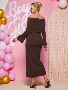 Loomaby Elegant Chic Casual Maternity Cold Shoulder Party Babyshower Baby Shower Photoshoot Dress For Women Gender Reveal Autumn Brown - Camel - View 10