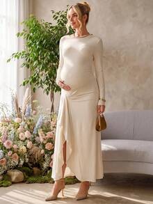 Loomaby Maternity Solid Color Round Neck Long Sleeve Ruffle Hem Split Hem Dress Dress Gender Reveal Dress Maternity Dress Baby Shower Dress Fall - Khaki - View 7