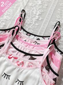 2 Sets Random, Girls Children Heart Winking Eye Bow Leopard Print Series Cute Sweet Minimalist Contrast Color Basic Camisole Triangle Set - Multicolor - View 3
