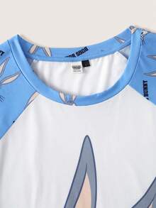 LOONEY TUNES X SHEIN Men's Raglan Short Sleeve Top And Shorts Loungewear Set - Blue and White - View 4