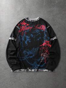ROMWE MEN Men's Loose Fit Long Sleeve 2 In 1 T-Shirt - Black - View 2