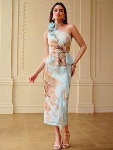 ZEYLAH Women's Asymmetric Neck Printed Ruffle Hem Dress - Mint Blue - View 4
