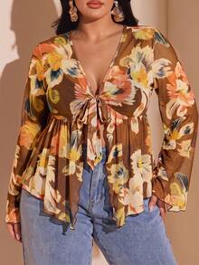 SHEIN BAE 大尺碼女款春夏網紗花卉印花喇叭袖上衣 - 彩色 - 查看 3