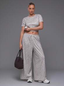 Levarali Women's Plus Size Leopard Print Short Sleeve Cropped T-Shirt And Wide Leg Pants Sports Set - Grey - View 8