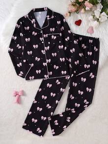 Teen Girls Black Base Bow Print Long Sleeve Cardigan & Long Pants 2 Pieces Set, Casual Comfortable Loungewear - Black - View 1