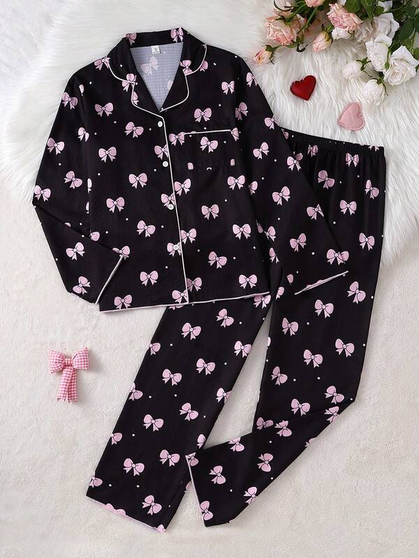 Teen Girls Black Base Bow Print Long Sleeve Cardigan & Long Pants 2 Pieces Set, Casual Comfortable Loungewear