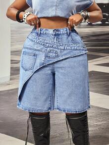 Slaydiva Celana Pendek Denim Wanita Ukuran Besar Pinggang Tinggi Longgar Asimetris Motif Patchwork - Biru - View 4