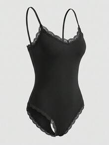 SHEIN BASICS 女款蕾絲拼接修身百搭性感日常穿著黑色夏季睡裙背心 - 黑色 - 查看 3