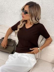 Easowa Top de punto de cuello en V liso para otoño/invierno - Marrón - Ver 6
