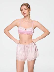 Bonmuse Sujetador de lencería para mujer rosa de satén estilo kawaii lindo coquette babydoll lolita con patchwork de encaje y patchwork 3D romántico - Rosa - Ver 7