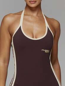 Musera Sport Contrast Colour Scoop Front Side Stripe Low Back Fitted Active Unitard Butter Yellow Fall Winter Autumn Gym Pilates Fitness Daily Casual - Mocha Brown - View 6