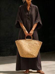Balvessa Gaun Panjang Wanita Warna Beige dengan Tekstur Linen Imitasi, Kerah Tegak, Kancing, Gaun Kasual untuk Liburan Pantai - Coklat - View 5