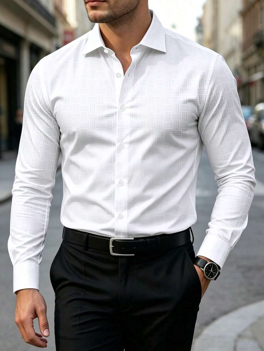 Manfinity CasualCool Men's Solid-Color Simple Button-Down Long-Sleeve Shirt - Effortlessly Elegant Style | A Perfect Gift For Husbands, Ideal For Office Commuting, And An Essential Wardrobe Staple