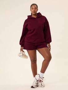 Levarali Plus Size Women's Sports Set Hooded Sweatshirt + Shorts 2 Pieces Set, Autumn/Winter Outfit Fall - Burgundy - View 3